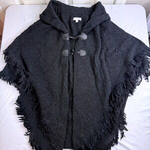 Simply Noelle Black Hooded Knit Poncho Fringe Toggle Wrap One Size OS